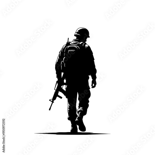 Silhouetted soldier with rifle walking forward against a stark white background.