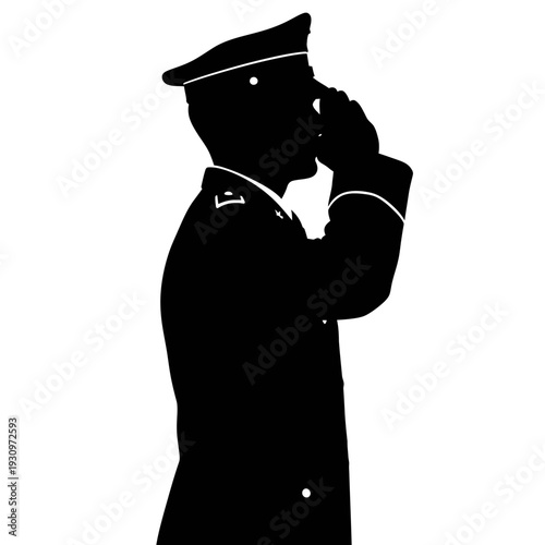 Silhouette of a uniformed guard looking ahead, conveying vigilance and security in a stark high-contrast profile.