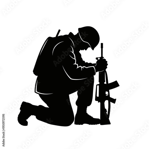 Person kneeling and aiming a rifle in silhouette with military gear and helmet, readying for action.