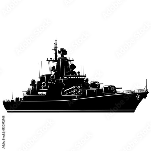 Silhouette of a large naval warship sailing at sea in bold black vector illustration.