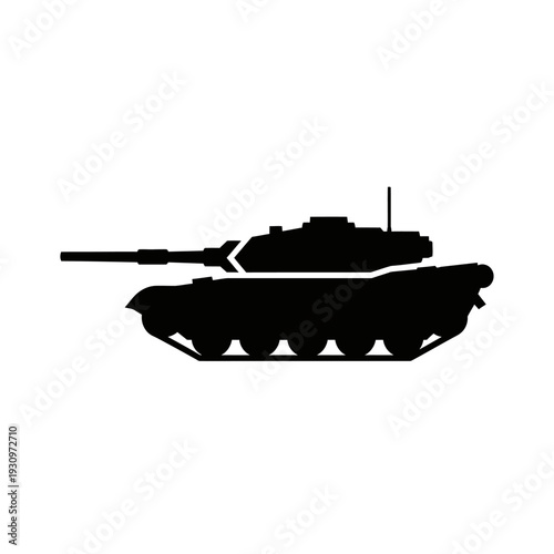 Black silhouette of a military tank cutting across a white background with a prominent turret and long cannon.