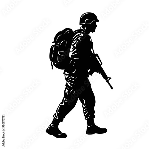 Silhouette of a soldier with backpack and rifle walking forward in a tactical posture.