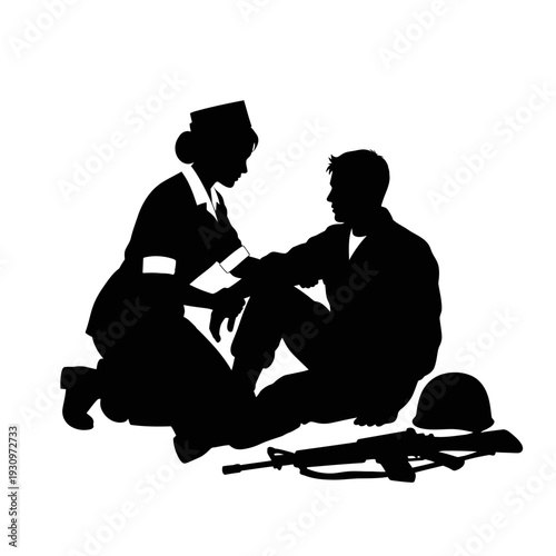 Silhouette of nurse attending patient during care in a clinical setting.