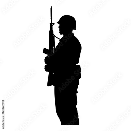 Silent silhouette of a soldier holding a rifle in profile stance.