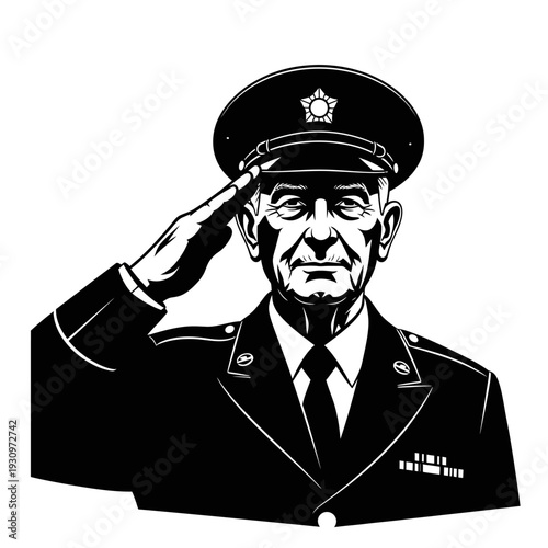 Saluting elderly police officer in formal uniform illustrated portrait in monochrome style.