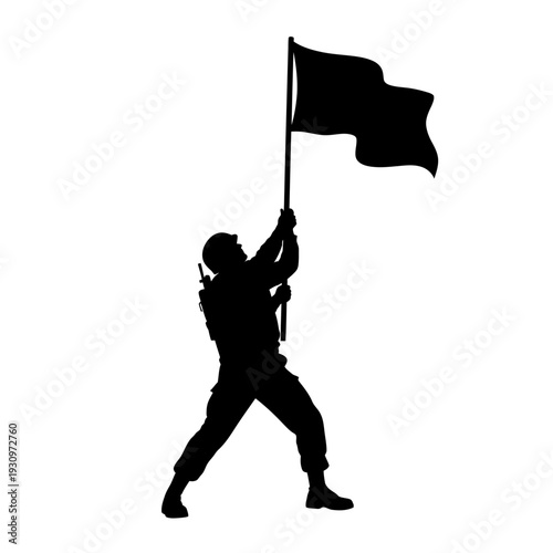 Silhouette of a person planting a flag in triumph against a blank background.