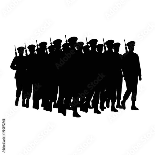 Silhouetted crowd of protesters marching together in a unified line.