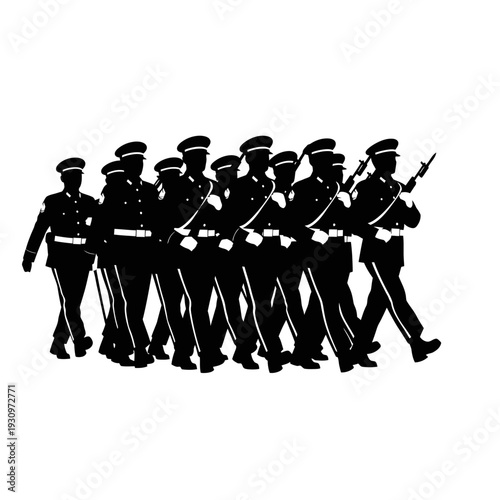 Silhouetted soldiers marching in disciplined rank with rifles in a ceremonial parade.