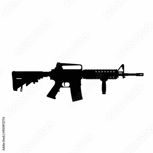 Silhouette of a modern assault rifle laid horizontally in stark black on white background.
