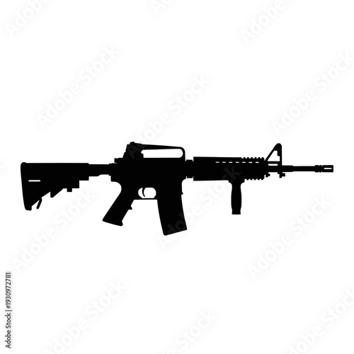 Silhouette of a Modern Assault Rifle in Profile Against a Plain Background Across a Technical Landscape.