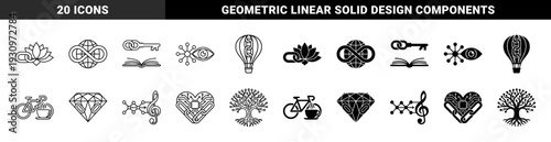 Abstract hybrid symbol set featuring linear and solid versions of lotus chain global infinity key book eye network balloon bicycle coffee diamond heart and tree