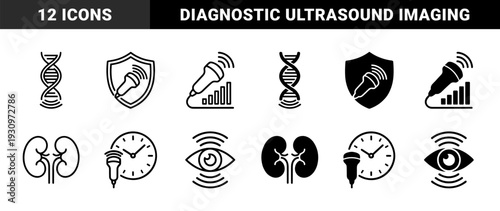 Medical ultrasound diagnostic symbols merging sonography transducers with human anatomy DNA kidney eye and temporal data in outline and solid styles