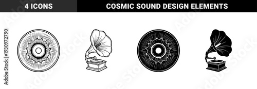 Vintage gramophone and celestial gothic window hybrid icons featuring cosmic planetary scenes and iris textured vinyl record disc designs
