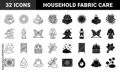 Symmetric hybrid laundry and spa symbols merging organic nature elements with household fabric care tools in outline and solid versions