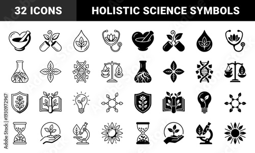 Hybrid Naturopathic Medicine Icons Combining Herbal Elements with Medical Tools like Stethoscopes Microscopes and Laboratory Flasks in Linear and Solid Styles