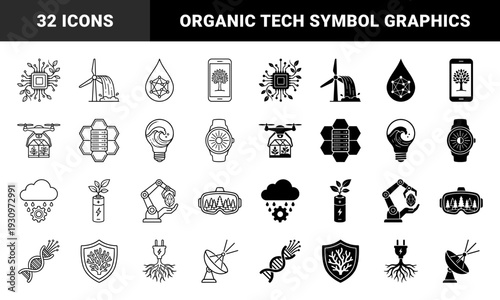 Hybrid icons merging nature and technology with sustainable energy symbols organic circuitry bioengineering concepts and eco friendly digital innovation elements