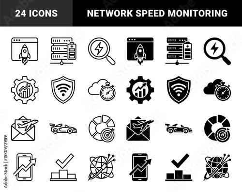 Data acceleration and performance monitoring symbols merging network hardware with speed metaphors and digital growth analytics in dual stroke and solid styles