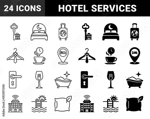Hybrid hospitality symbols combining hotel services with conceptual travel elements featuring outline and solid styles for luxury accommodation branding