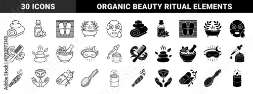 Minimalist Wellness and Holistic Spa Symbols Featuring Hybrid Elements Like Lotus Oil Bottles and Zen Stone Aromatherapy Combinations in Line and Solid Styles