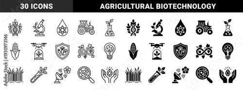 Biotechnology and agritech hybrid symbols featuring DNA strands with leaves microscope with plants and digital tractor for smart farming innovation