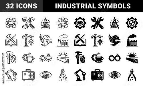 Abstract Hybrid Industrial Symbols Merging Engineering Tools with Organic Elements and Manufacturing Concept Outlines and Solid Glyphs