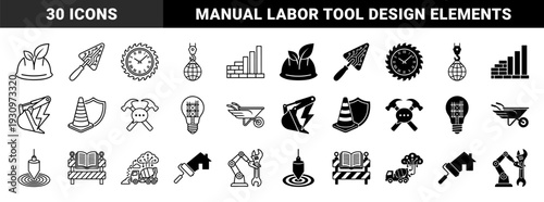 Construction and engineering hybrid symbols merging building tools with industrial concepts featuring trowels with circuits and gear clocks in line and solid styles