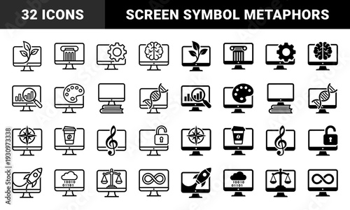 Hybrid computer monitor display symbols merging digital screens with organic growth biology law creative art education and scientific metaphors