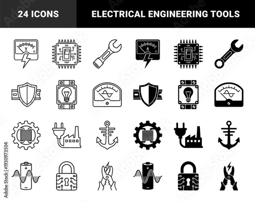 Hybrid industrial energy and electrical engineering icons featuring integrated circuit breakers power meters and mechanical tool combinations