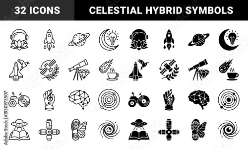 Abstract Hybrid Space Symbols Combining Celestial Elements with Everyday Objects such as Rocket Pen Saturn Clock Moon Bulb and Astronaut Lotus