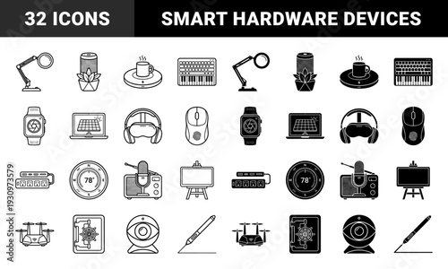 Hybrid smart technology and lifestyle hardware symbols featuring integrated natural elements and biometric security controls in dual outline and solid styles