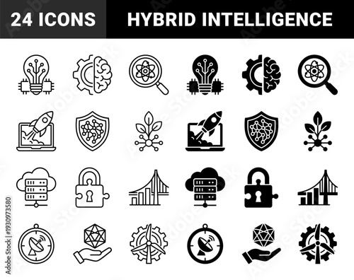 Hybrid conceptual symbols merging industrial technology with organic intelligence featuring circuit bulbs gear brains and renewable energy elements