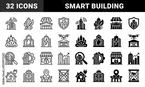 Smart Urban Infrastructure and Sustainable Building Management System Icons Featuring Hybrid Concepts for Green Energy and Digital Architecture