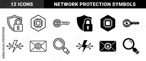 Cybersecurity and digital intelligence symbol set featuring hybrid encryption lock shield microchip eye key lightning bolt search and satellite motifs