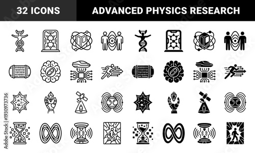 Quantum physics and futuristic science hybrid icons featuring dna strands molecular structures neural enhancement and temporal displacement symbols