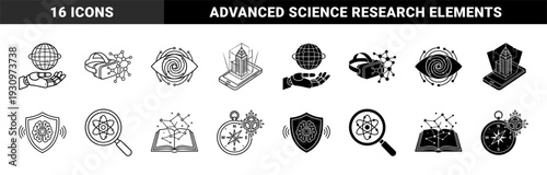 Linear and solid hybrid technology icons featuring robotic hands holding globes virtual reality headsets digital architecture and artificial intelligence brain shields