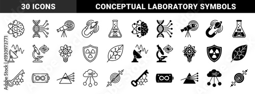 Scientific Hybrid Symbol Collection featuring DNA Digital Circuitry Molecule Leaf Prism Spectrum Brain Atom and Telescope Observation Metaphors