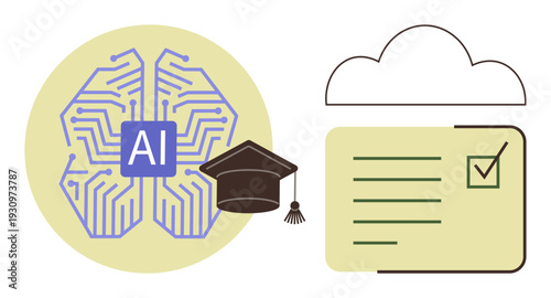 Education technology, AI learning, online certification, digital training, cloud development, data processing. AI brain, graduation cap checklist and cloud. Education technology and AI learning