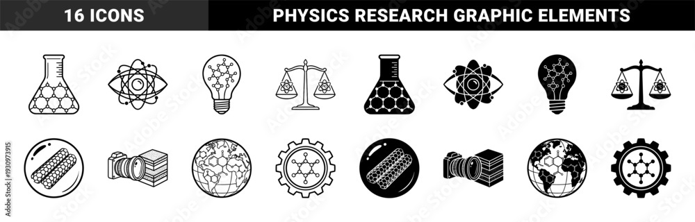 Fototapeta premium Scientific hybrid symbol collection featuring chemistry lab flasks with molecular lattices and atomic eye motifs in outline and solid styles