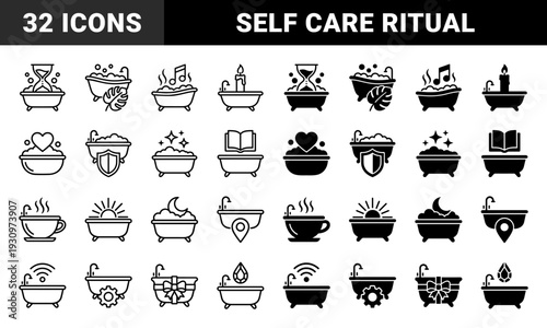 Hybrid bathtub icon set merging relaxation and lifestyle elements with linear and solid versions featuring hourglass leaf music note and heart symbols