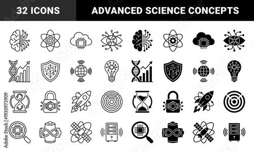 Hybrid technology and science symbols combining neural networks with biological dna structures and orbital atom paths in linear and solid styles