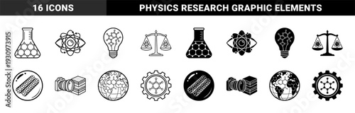 Scientific hybrid symbol collection featuring chemistry lab flasks with molecular lattices and atomic eye motifs in outline and solid styles
