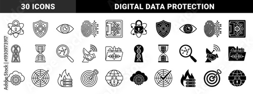 Cybersecurity and Data Protection Hybrid Symbol Collection Featuring Biometric Encryption Network Safety and Digital Infrastructure Surveillance Graphics