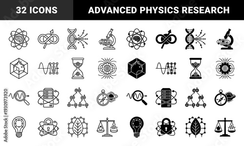Quantum physics and biotechnology symbols featuring schrodinger cat in box dna helix with particles brain atom and hourglass entropy metaphors