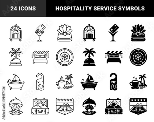 Luxury Travel and Hospitality Hybrid Symbols Featuring Hotel Luggage Cart Cocktail Credit Card Palm Tree Service Bell and Ocean Wave Bed Design
