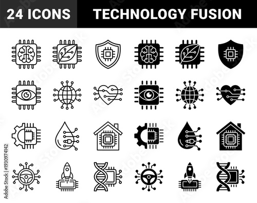 Hybrid microchip technology symbols merging integrated circuits with organic biological and industrial elements including brain heart leaf dna and rocket