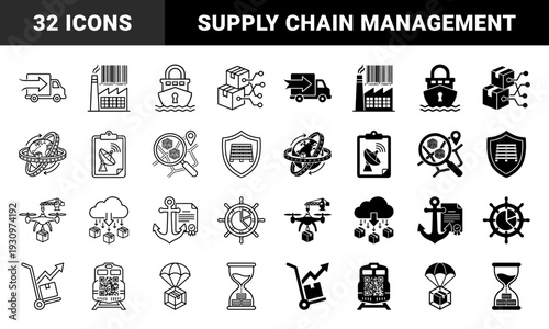 Logistics and supply chain management symbols featuring hybrid designs of cargo ships with locks globe tracking and warehouse barcode integration