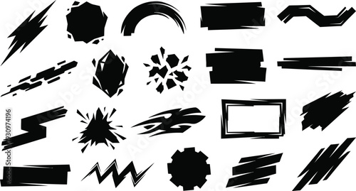 Collection of dynamic black abstract shapes, brush strokes, and graphic effect elements