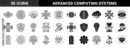 Hybrid technology and digital intelligence icons featuring neural networks quantum computing biometric security and sustainable energy solutions in dual line and solid styles