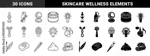 Abstract cosmetic and skincare hybrid symbols featuring DNA helix pump bottles hourglass serum droppers and floral infused lipstick elements in linear and solid styles