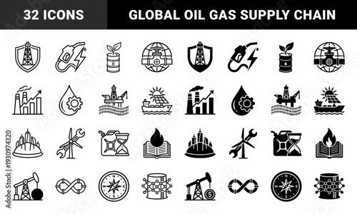 Industrial energy and petroleum management icons featuring hybrid concepts like oil rig shields and renewable solar cargo ships with a dual outline and solid aesthetic